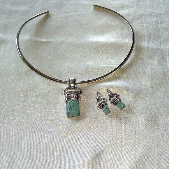 Boho Turquoise Stone Pendant Slide With Hook Turquoise Earrings Set Silver Tone - Picture 6 of 11